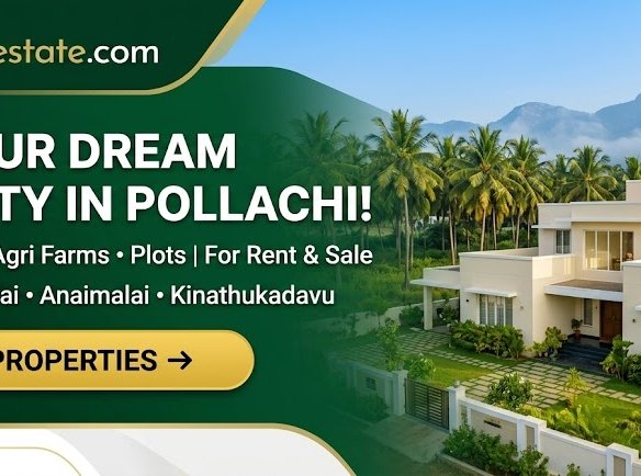 Banner ad for Pollachi real estate: modern villa with palm trees and mountains; headline reads 'FIND YOUR DREAM PROPERTY IN POLLACHI!' with a yellow 'SEARCH PROPERTIES' button.
