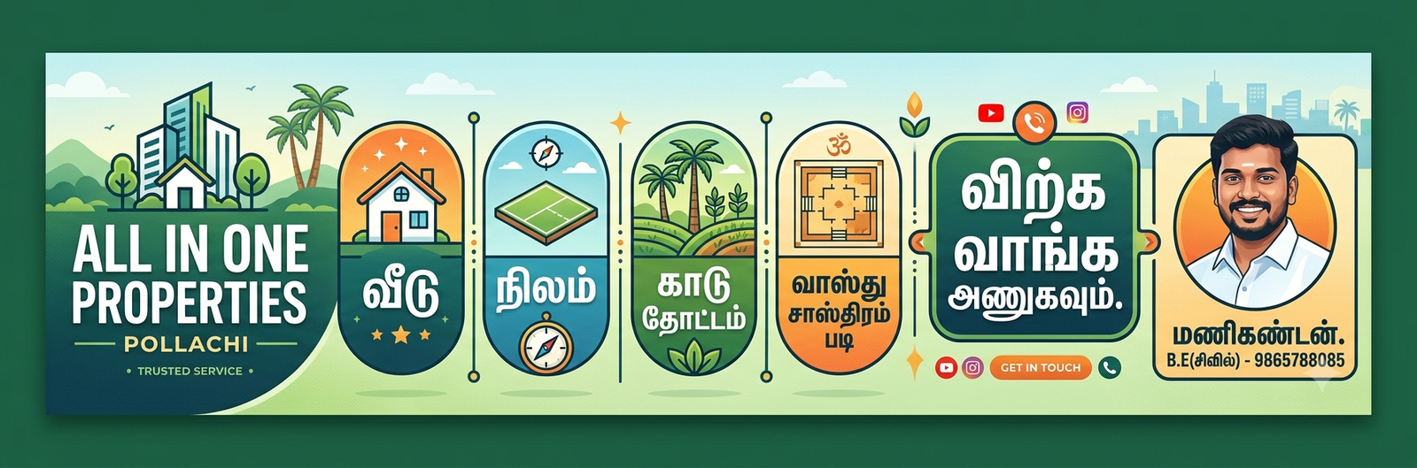 allinone - Pollachi Real Estate Banner for All in One Properties Pollachi with circular icons (home, tennis court, garden, layout) and a right-side portrait with Tamil contact info.