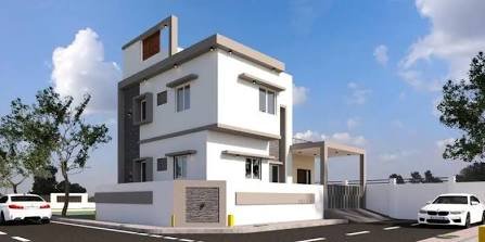 yuiuyiuyi - Pollachi Real Estate Three-story white modern house with a gated driveway, carport, and surrounding trees on a sunny day.